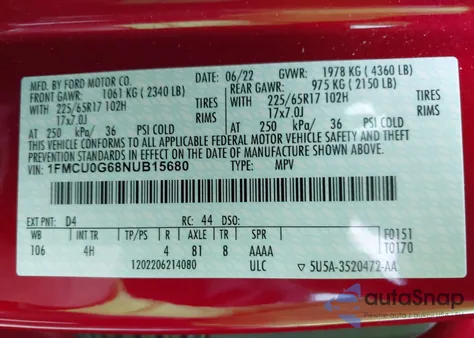 2022 Ford Escape Se from USA, damaged, VIN 1FMCU0G68NUB15680